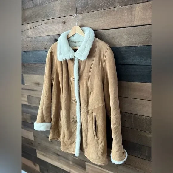 Vintage 90s Faux Shearling Gallery Caramel Winter Coat Warm Lined Medium - Picture 12 of 12
